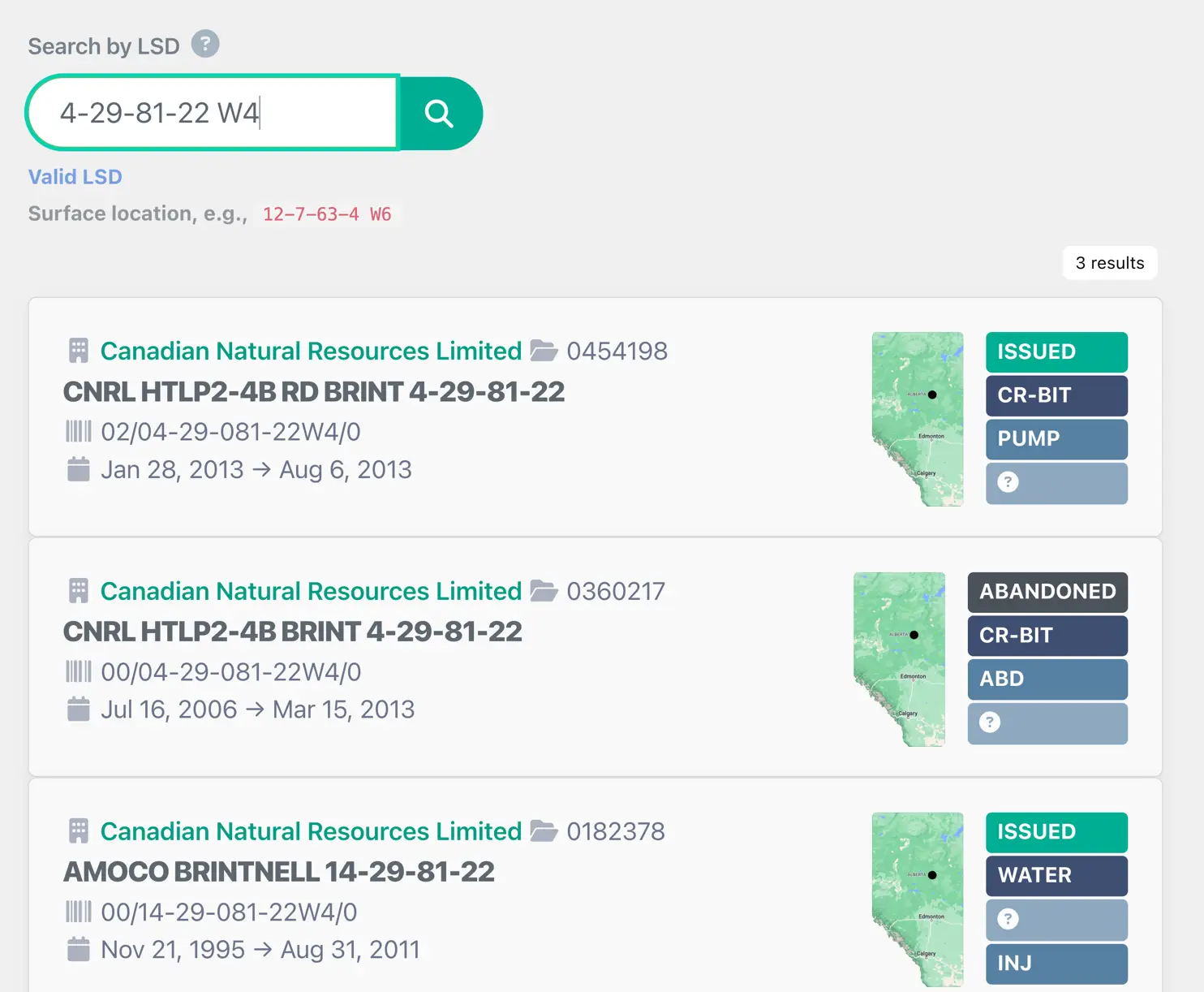 Search by LSD, license, UWI, operator—and more